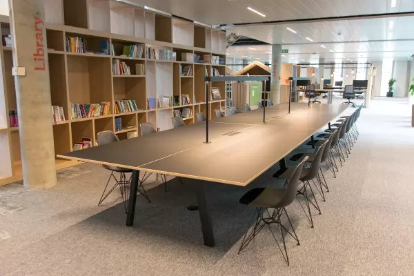 Made-to-measure large library table with built-in lighting
